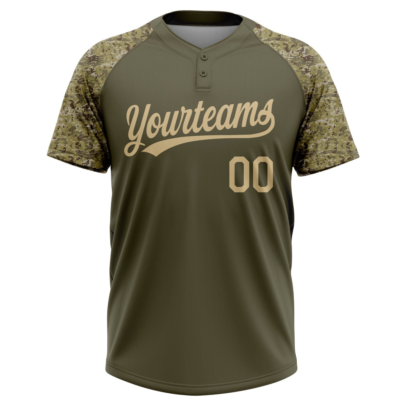 Custom Olive Vegas Gold Salute To Service Camo Raglan Sleeves Two-Button Unisex Softball Jersey view 2