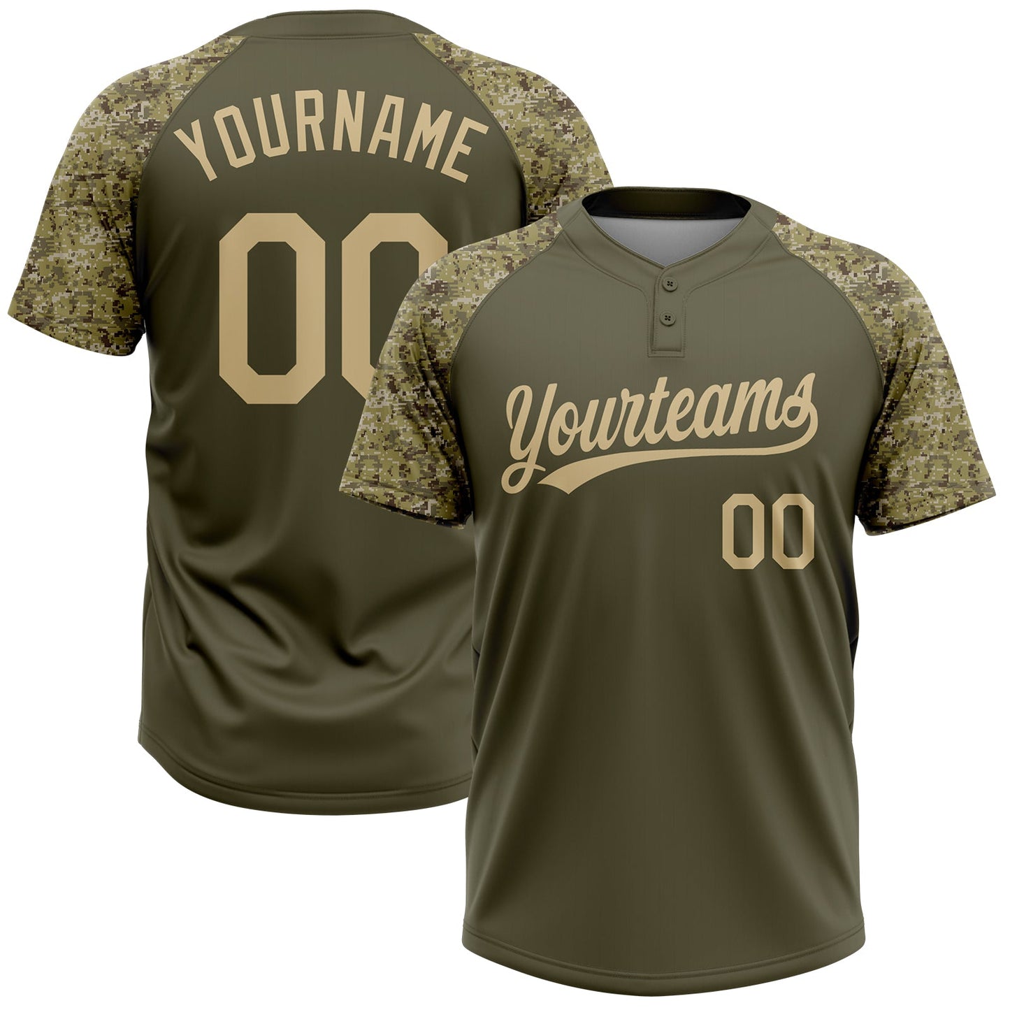 Custom Olive Vegas Gold Salute To Service Camo Raglan Sleeves Two-Button Unisex Softball Jersey - Main View