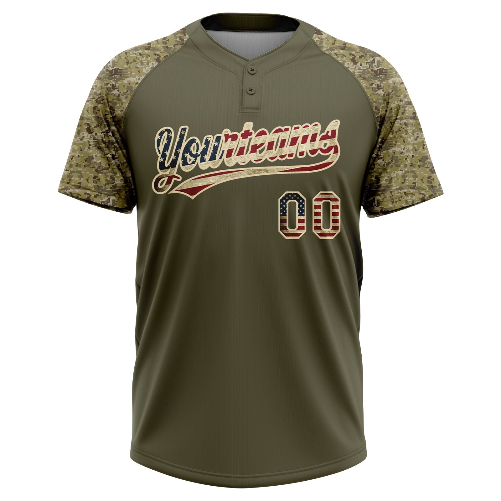 Custom Olive Vintage USA Flag-Cream Salute To Service Camo Raglan Sleeves Two-Button Unisex Softball Jersey view 2