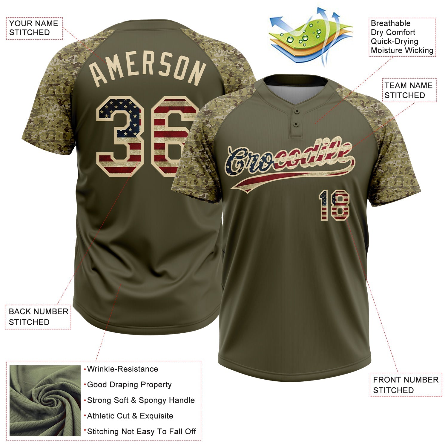 Custom Olive Vintage USA Flag-Cream Salute To Service Camo Raglan Sleeves Two-Button Unisex Softball Jersey view 3