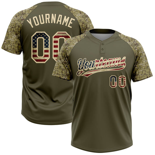 Custom Olive Vintage USA Flag-Cream Salute To Service Camo Raglan Sleeves Two-Button Unisex Softball Jersey - Main View