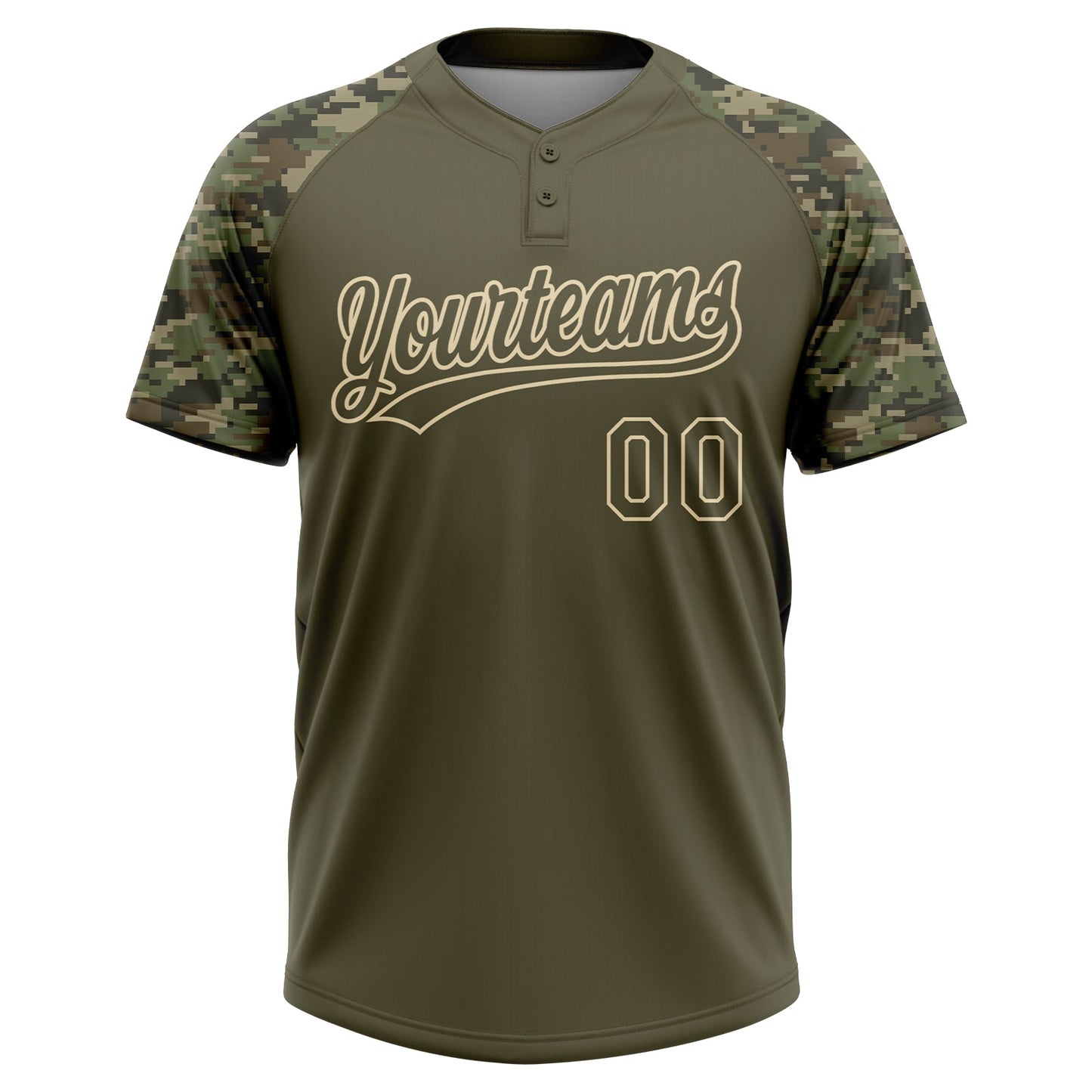 Custom Olive Cream Salute To Service Camo Raglan Sleeves Two-Button Unisex Softball Jersey view 2