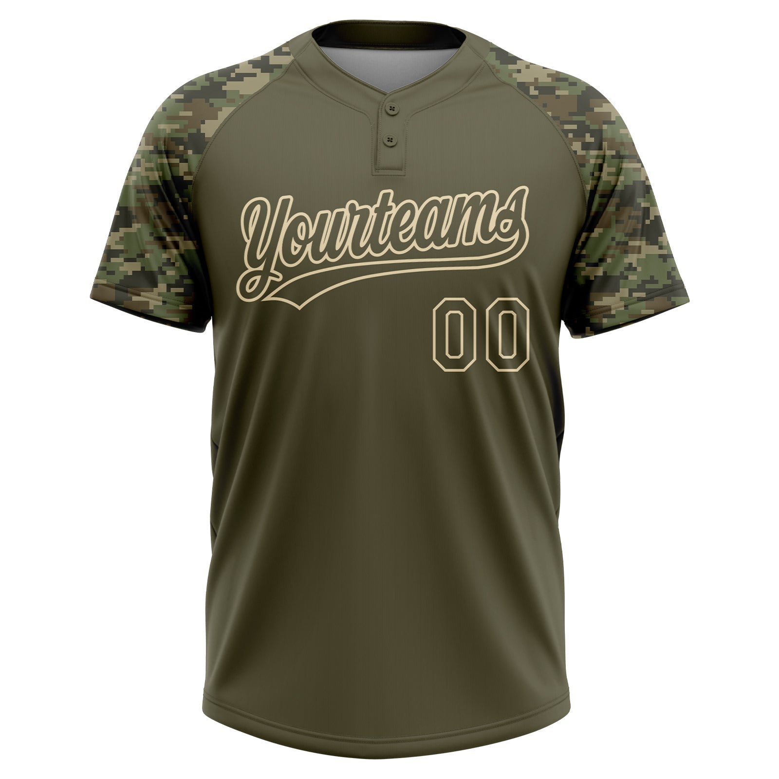 Custom Olive Cream Salute To Service Camo Raglan Sleeves Two-Button Unisex Softball Jersey view 2