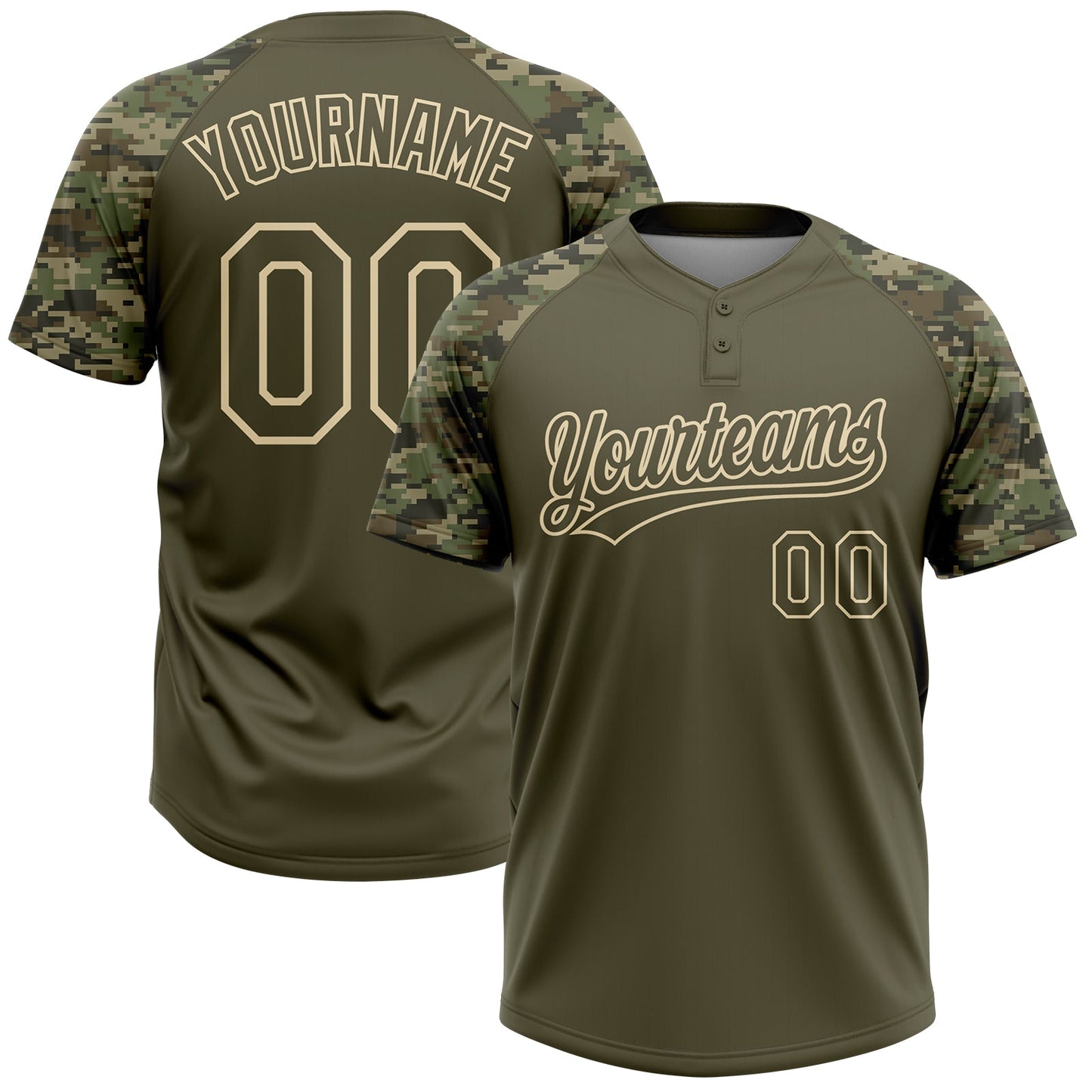 Custom Olive Cream Salute To Service Camo Raglan Sleeves Two-Button Unisex Softball Jersey - Main View