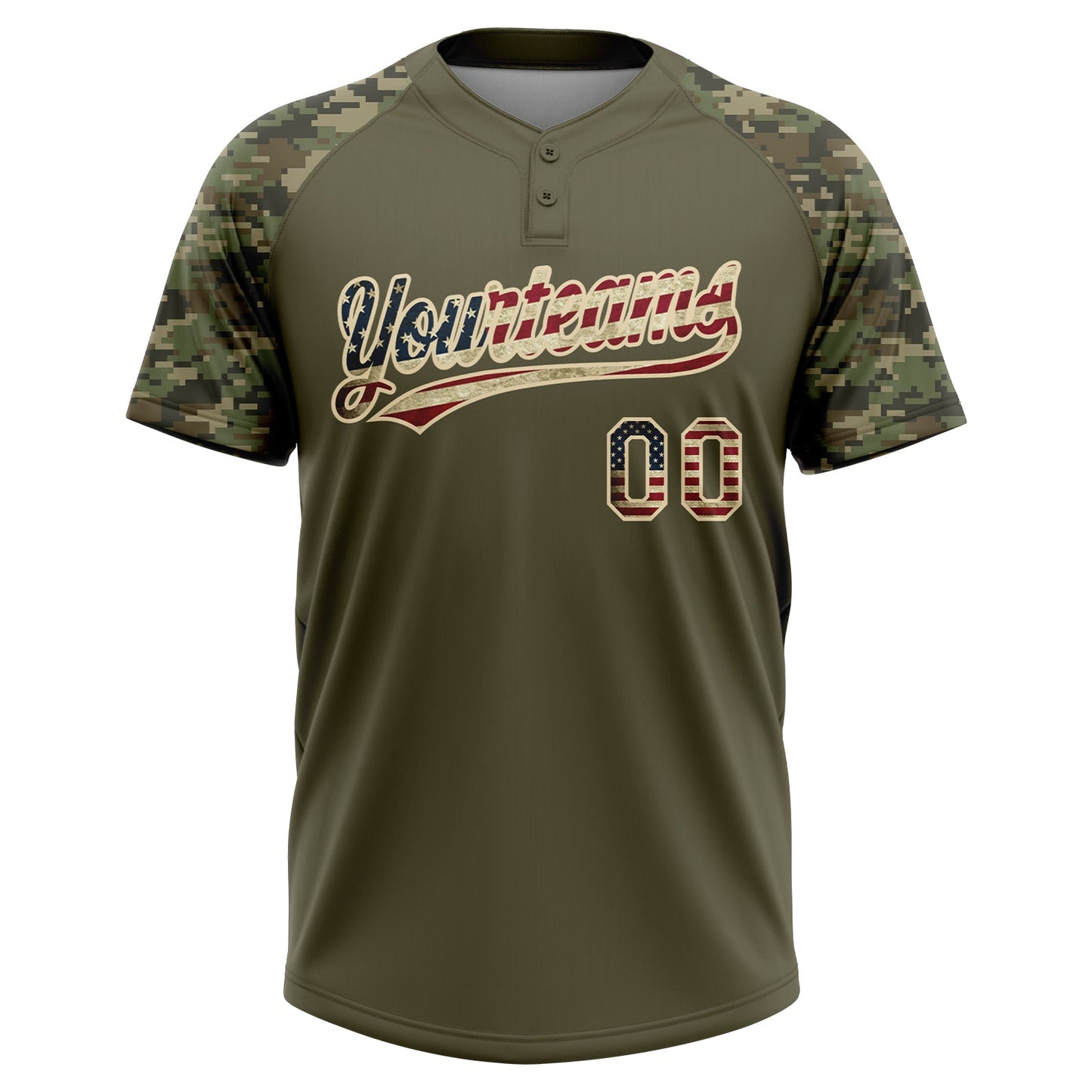 Custom Olive Vintage USA Flag-Cream Salute To Service Camo Raglan Sleeves Two-Button Unisex Softball Jersey view 2