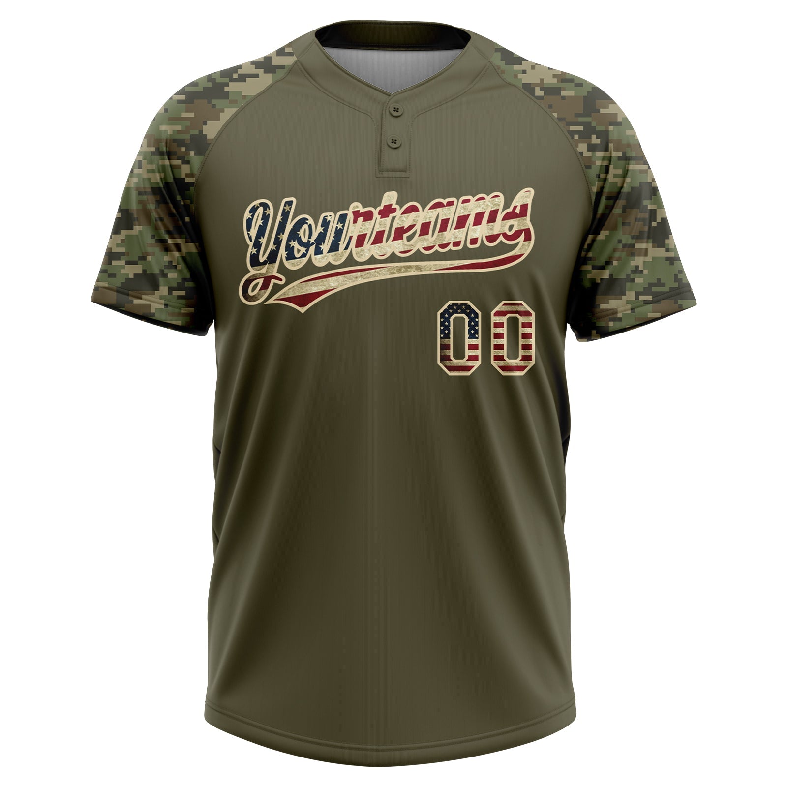 Custom Olive Vintage USA Flag-Cream Salute To Service Camo Raglan Sleeves Two-Button Unisex Softball Jersey view 2