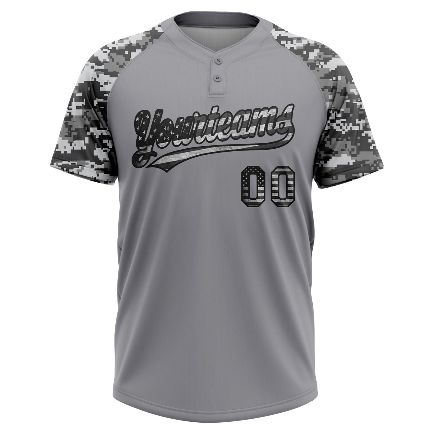 Custom Gray Vintage USA Flag-Black Salute To Service Camo Raglan Sleeves Two-Button Unisex Softball Jersey view 2