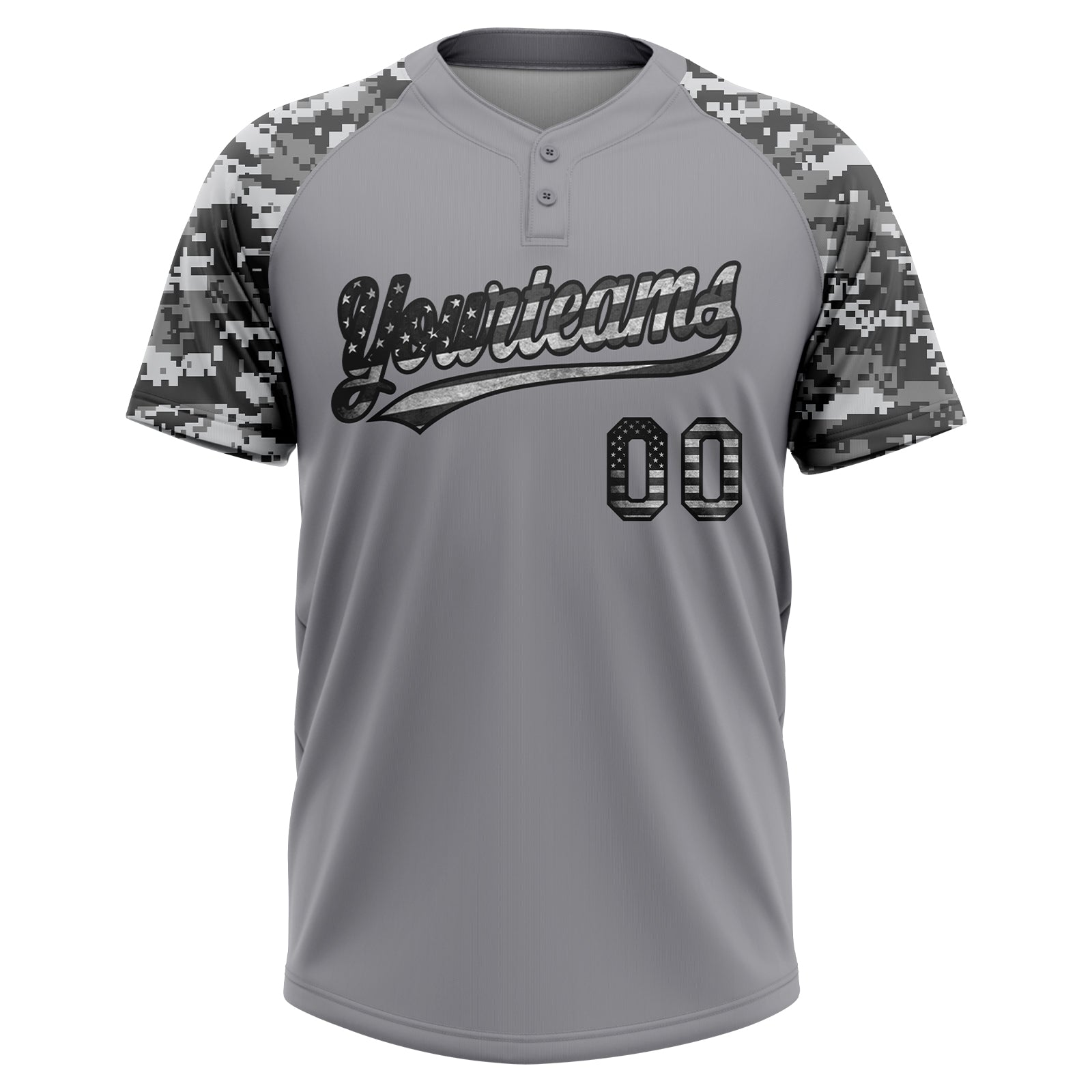 Custom Gray Vintage USA Flag-Black Salute To Service Camo Raglan Sleeves Two-Button Unisex Softball Jersey view 2