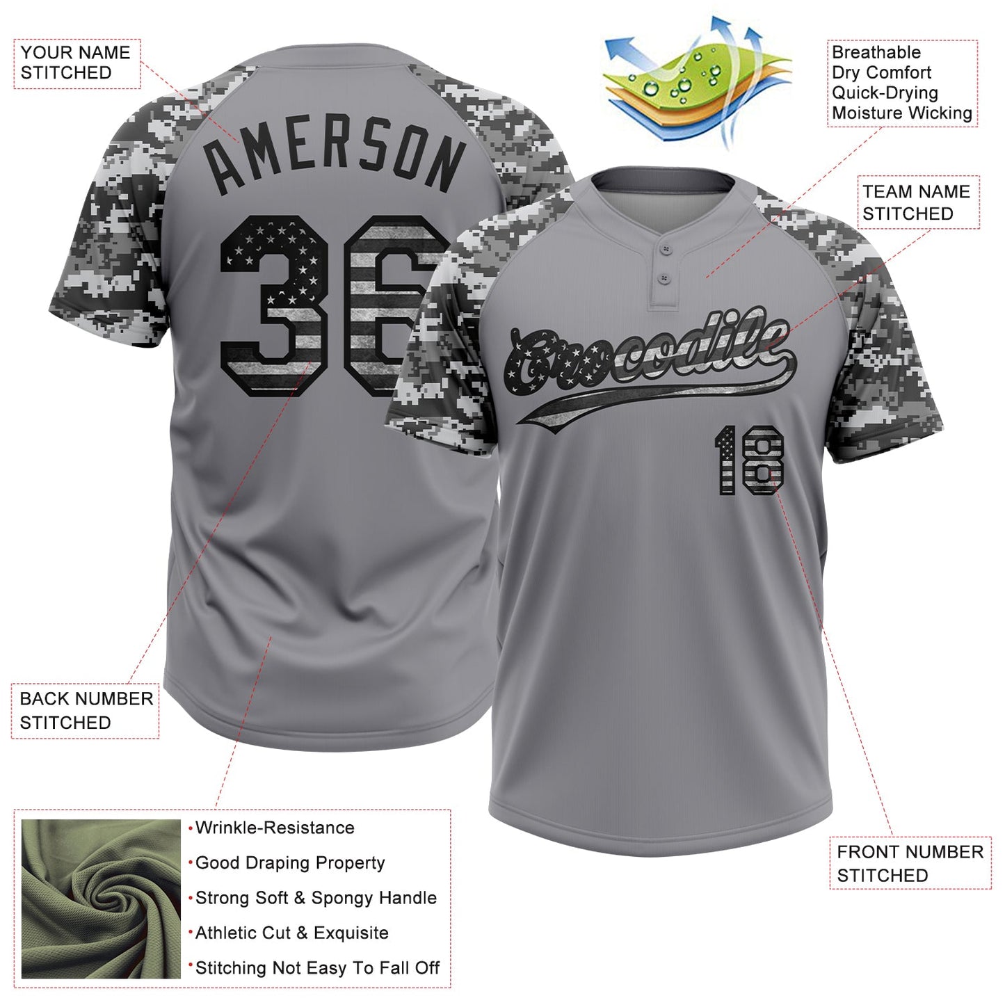 Custom Gray Vintage USA Flag-Black Salute To Service Camo Raglan Sleeves Two-Button Unisex Softball Jersey view 3
