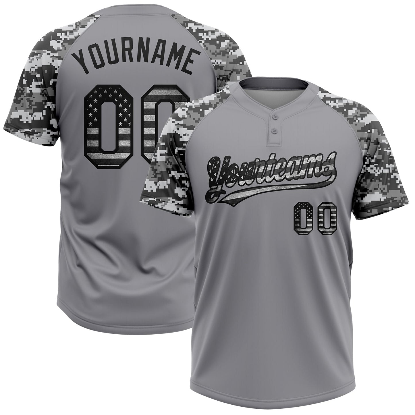 Custom Gray Vintage USA Flag-Black Salute To Service Camo Raglan Sleeves Two-Button Unisex Softball Jersey - Main View