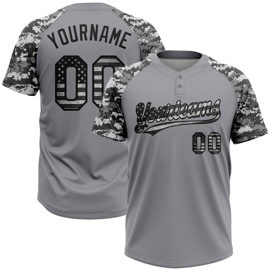 Custom Gray Vintage USA Flag-Black Salute To Service Camo Raglan Sleeves Two-Button Unisex Softball Jersey - Main View