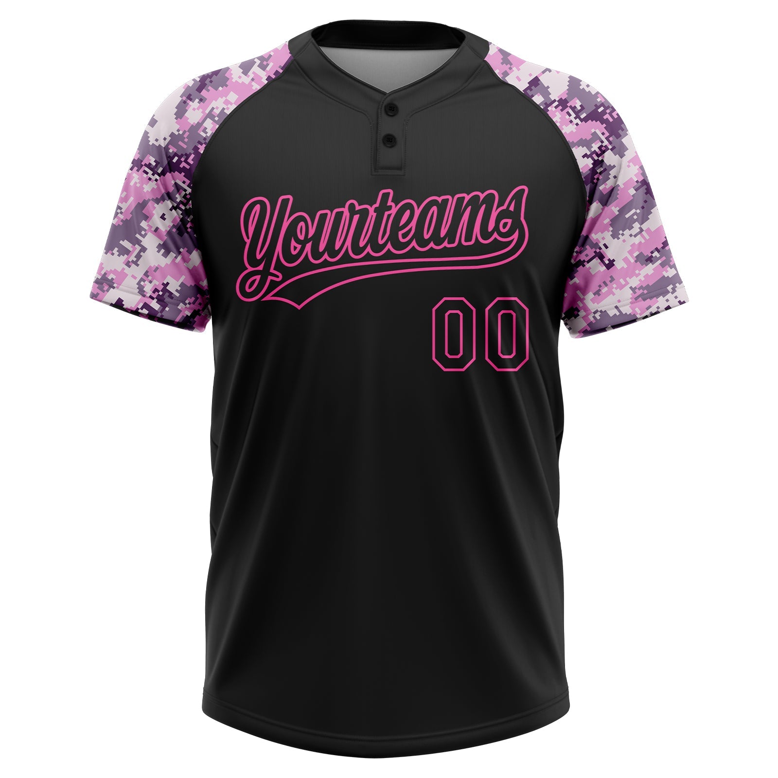 Custom Black Pink Pattern Salute To Service Camo Raglan Sleeves Two-Button Unisex Softball Jersey view 2