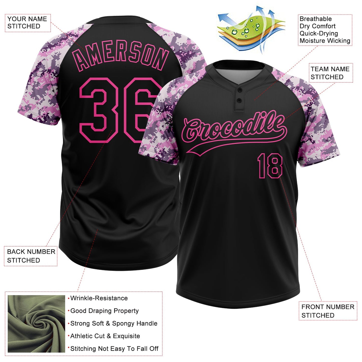 Custom Black Pink Pattern Salute To Service Camo Raglan Sleeves Two-Button Unisex Softball Jersey view 3