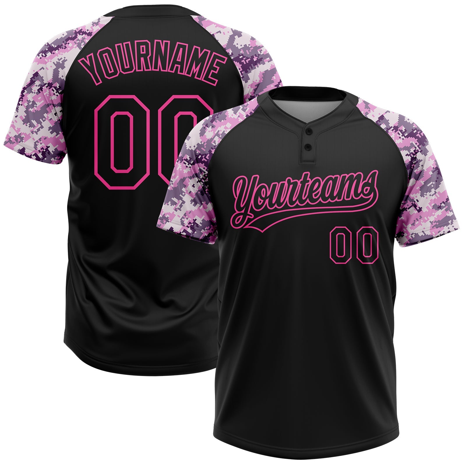 Custom Black Pink Pattern Salute To Service Camo Raglan Sleeves Two-Button Unisex Softball Jersey - Main View