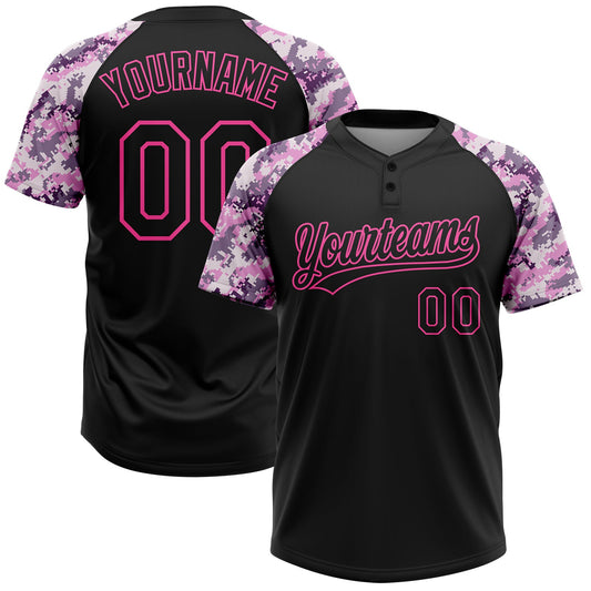 Custom Black Pink Pattern Salute To Service Camo Raglan Sleeves Two-Button Unisex Softball Jersey - Main View