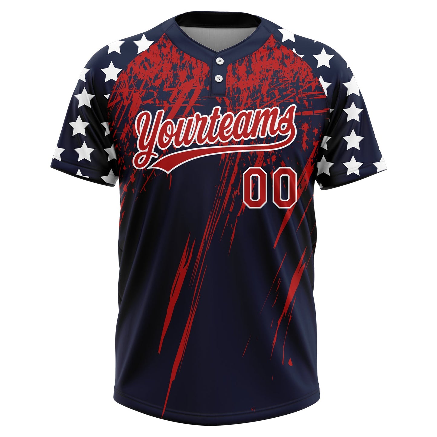 Custom Navy Red-White Distressed Scratch Brush Stroke Star Raglan Sleeves Two-Button Unisex Softball Jersey view 2