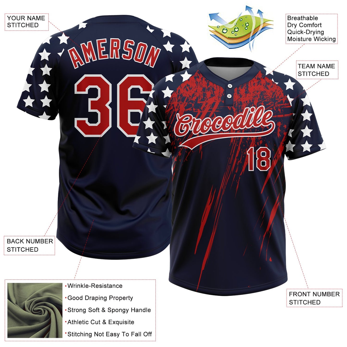 Custom Navy Red-White Distressed Scratch Brush Stroke Star Raglan Sleeves Two-Button Unisex Softball Jersey view 3