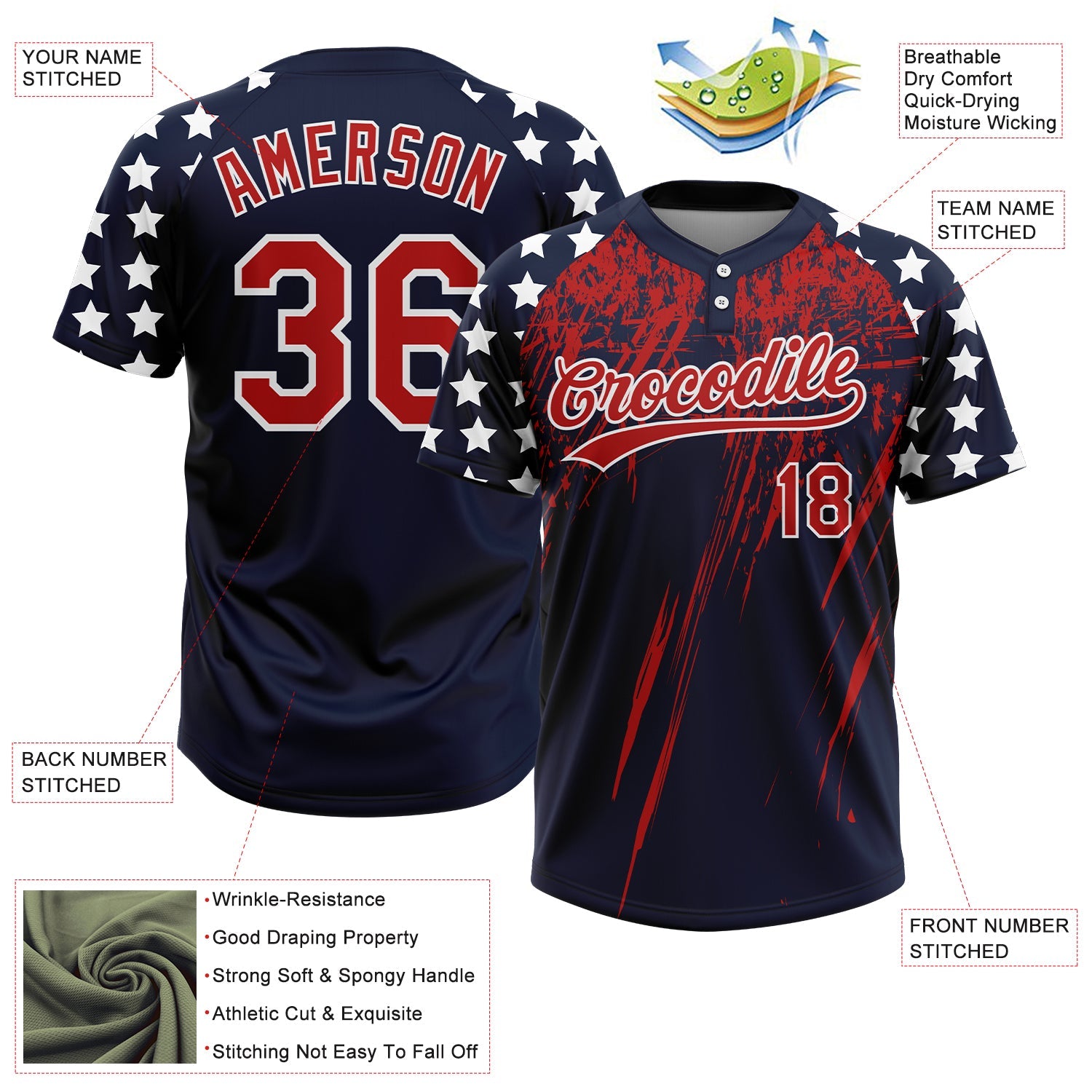 Custom Navy Red-White Distressed Scratch Brush Stroke Star Raglan Sleeves Two-Button Unisex Softball Jersey view 3