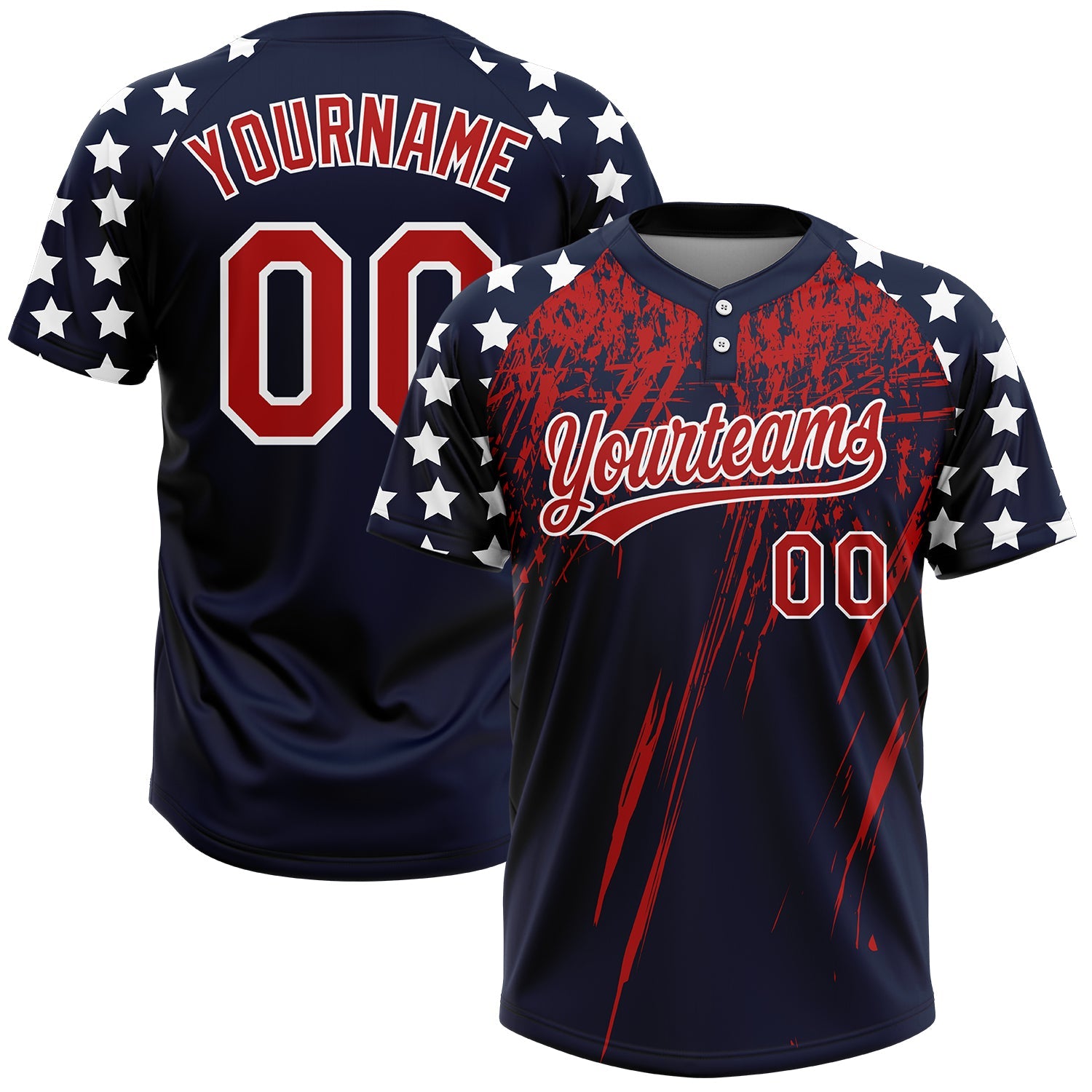 Custom Navy Red-White Distressed Scratch Brush Stroke Star Raglan Sleeves Two-Button Unisex Softball Jersey - Main View