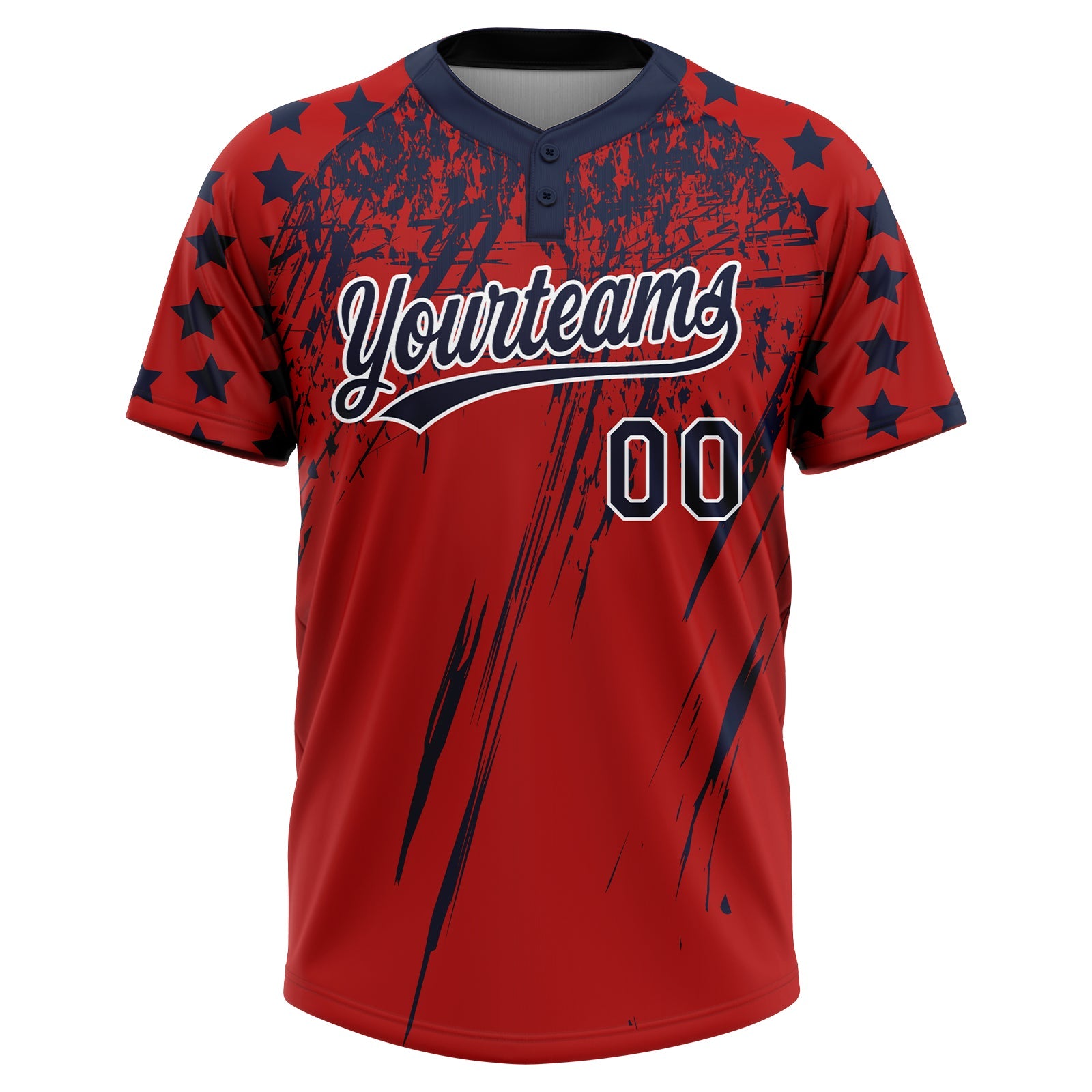 Custom Red Navy-White Distressed Scratch Brush Stroke Star Raglan Sleeves Two-Button Unisex Softball Jersey view 2