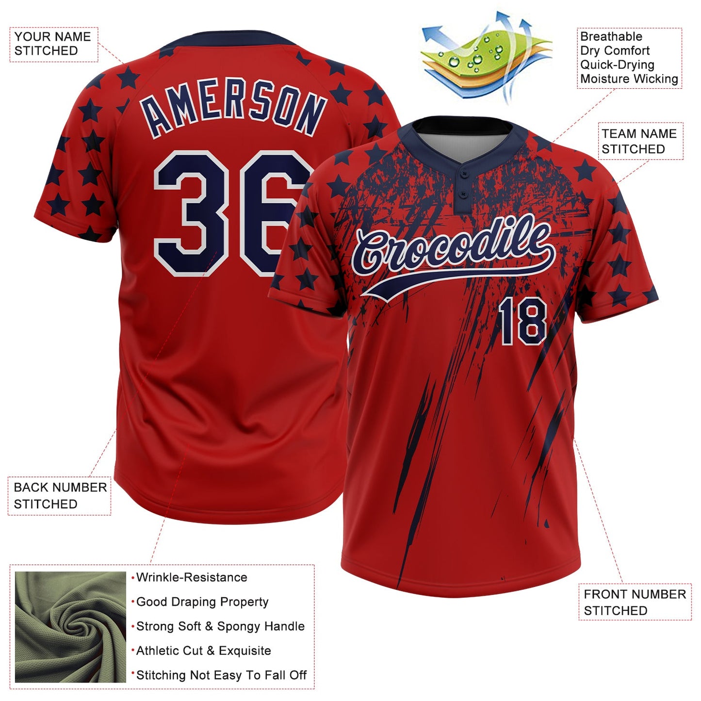 Custom Red Navy-White Distressed Scratch Brush Stroke Star Raglan Sleeves Two-Button Unisex Softball Jersey view 3