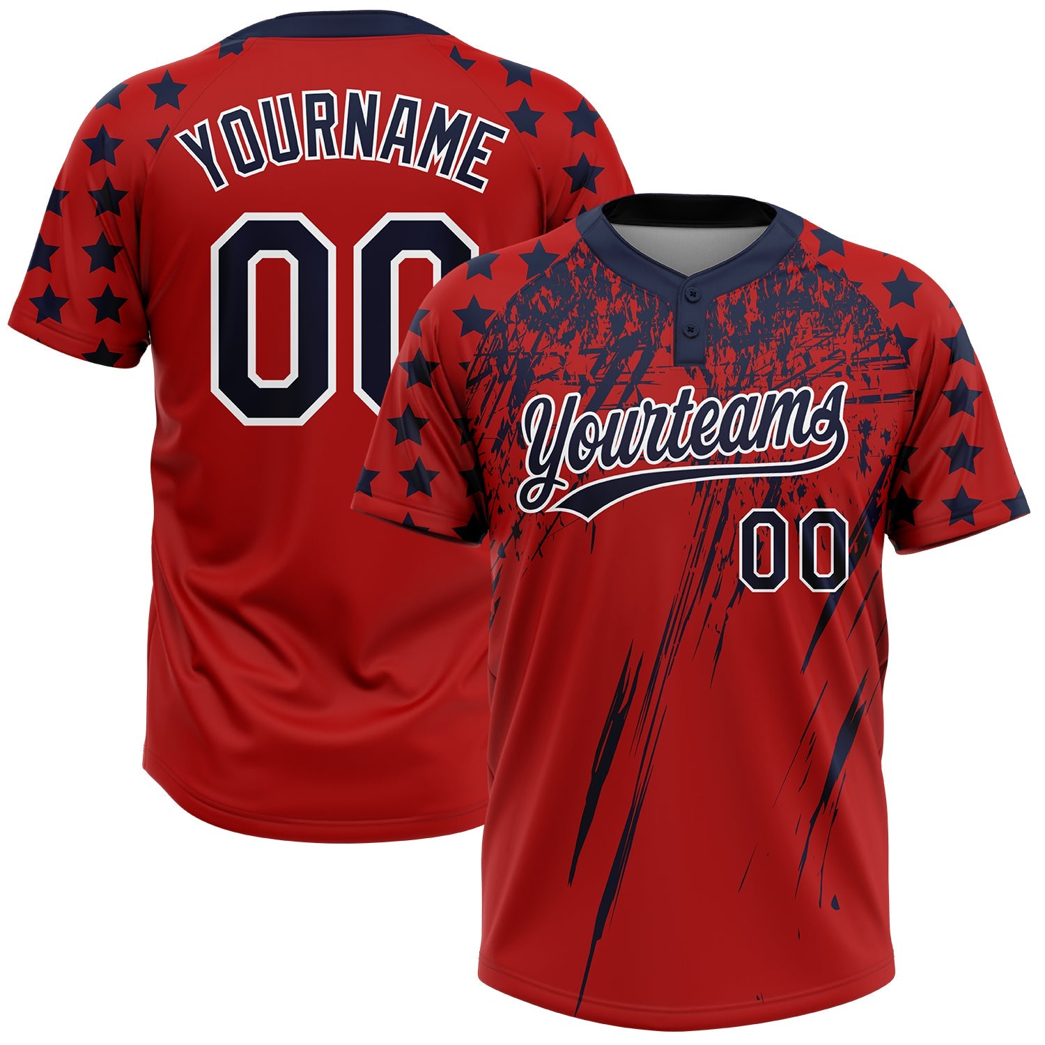 Custom Red Navy-White Distressed Scratch Brush Stroke Star Raglan Sleeves Two-Button Unisex Softball Jersey - Main View