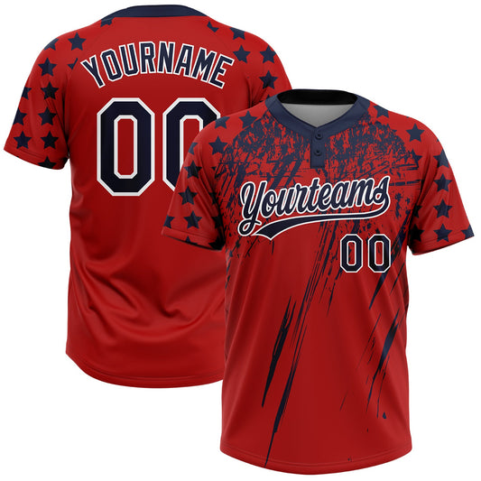 Custom Red Navy-White Distressed Scratch Brush Stroke Star Raglan Sleeves Two-Button Unisex Softball Jersey - Main View