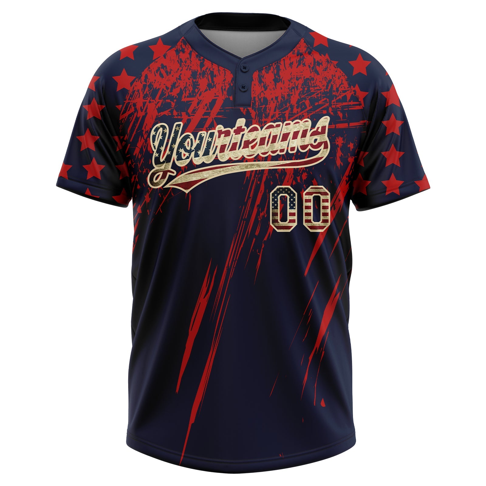 Custom Navy Vintage USA Flag Red-Cream Distressed Scratch Brush Stroke Star Raglan Sleeves Two-Button Unisex Softball Jersey view 2