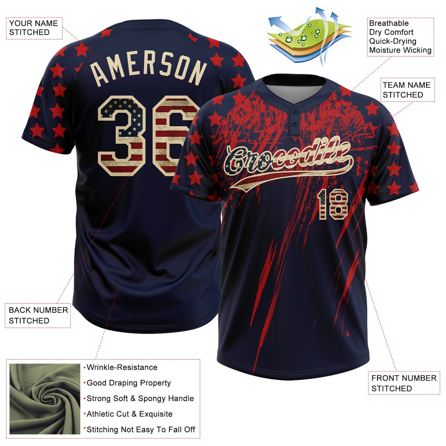 Custom Navy Vintage USA Flag Red-Cream Distressed Scratch Brush Stroke Star Raglan Sleeves Two-Button Unisex Softball Jersey view 3