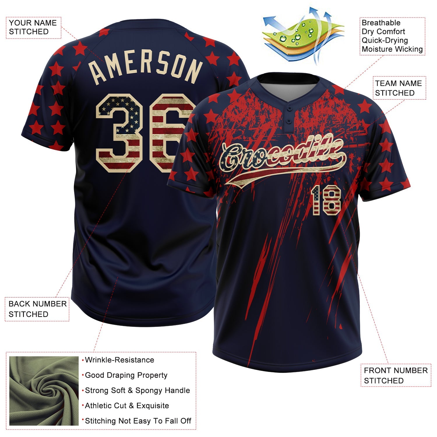 Custom Navy Vintage USA Flag Red-Cream Distressed Scratch Brush Stroke Star Raglan Sleeves Two-Button Unisex Softball Jersey view 3