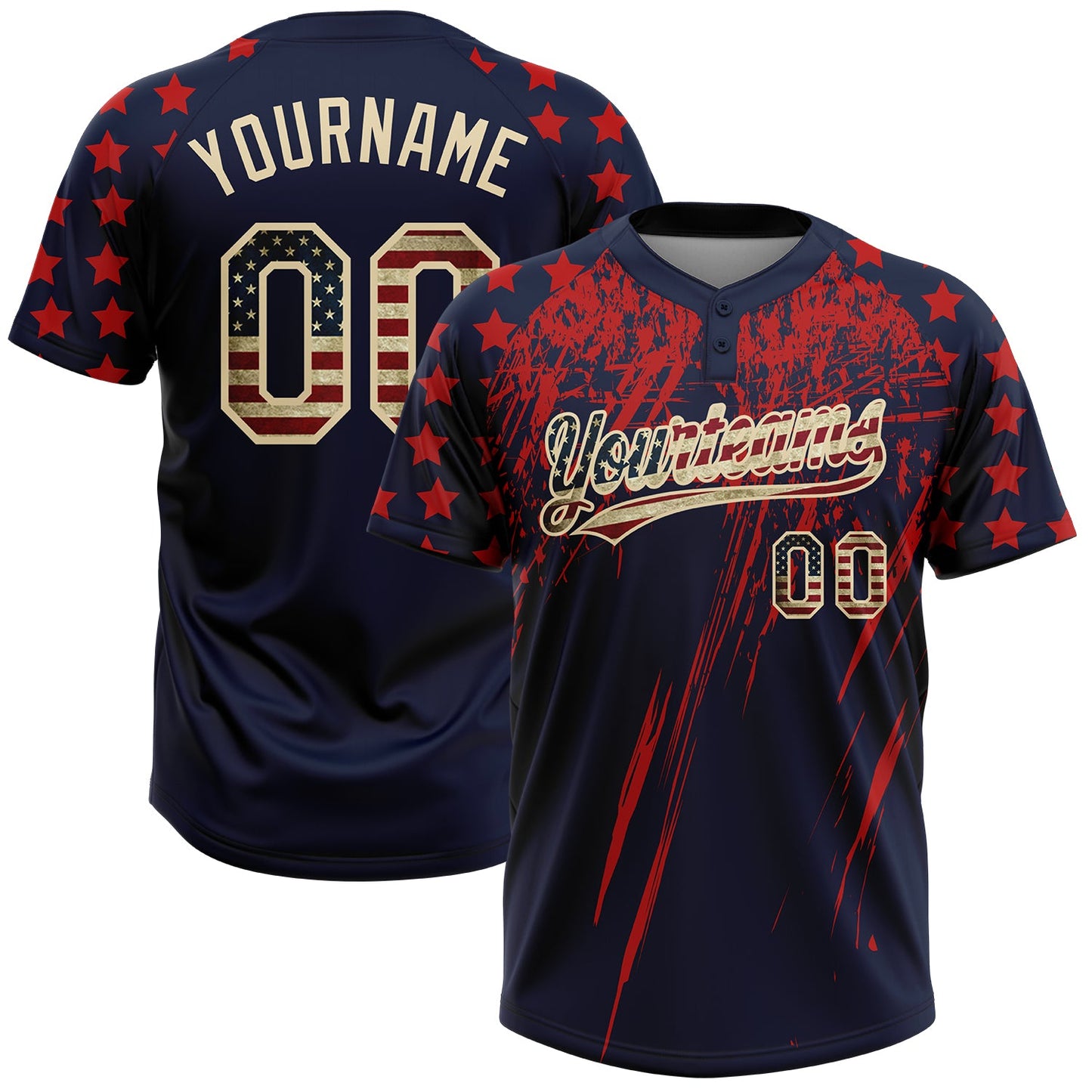 Custom Navy Vintage USA Flag Red-Cream Distressed Scratch Brush Stroke Star Raglan Sleeves Two-Button Unisex Softball Jersey - Main View