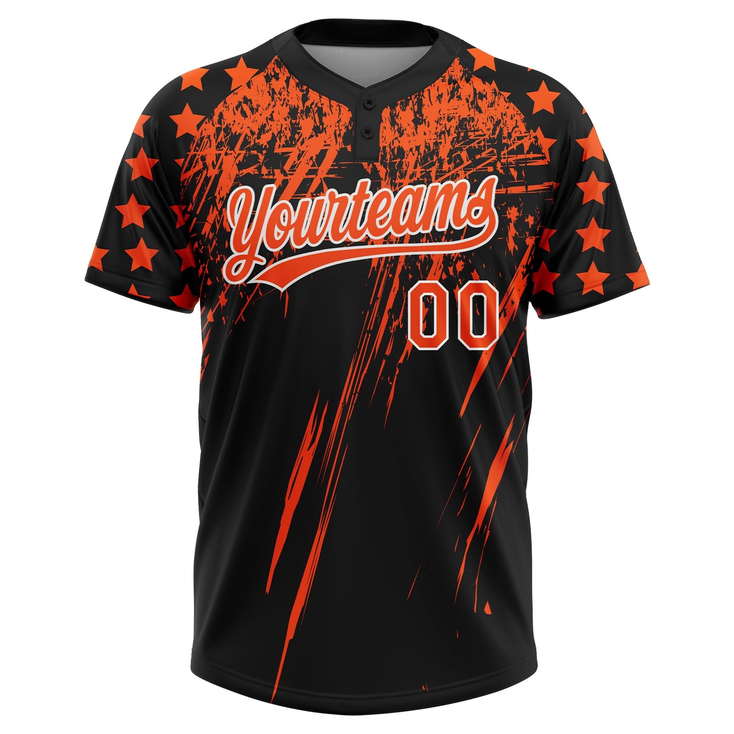Custom Black Orange-White Distressed Scratch Brush Stroke Star Raglan Sleeves Two-Button Unisex Softball Jersey view 2