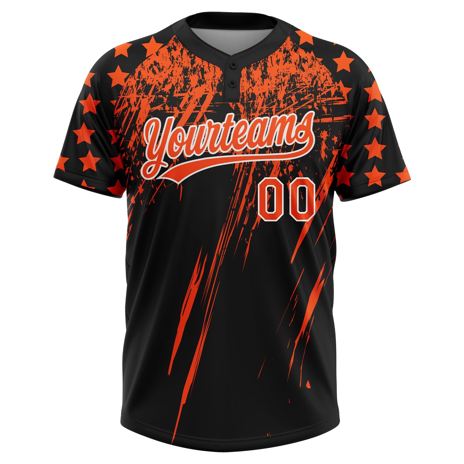 Custom Black Orange-White Distressed Scratch Brush Stroke Star Raglan Sleeves Two-Button Unisex Softball Jersey view 2