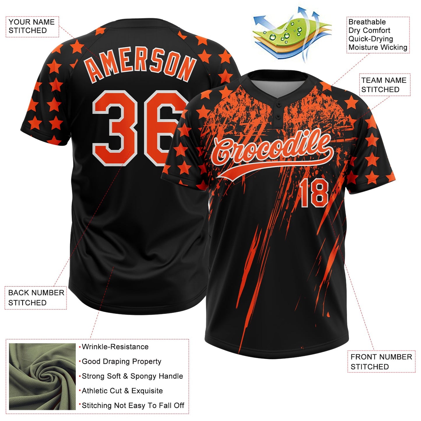 Custom Black Orange-White Distressed Scratch Brush Stroke Star Raglan Sleeves Two-Button Unisex Softball Jersey view 3