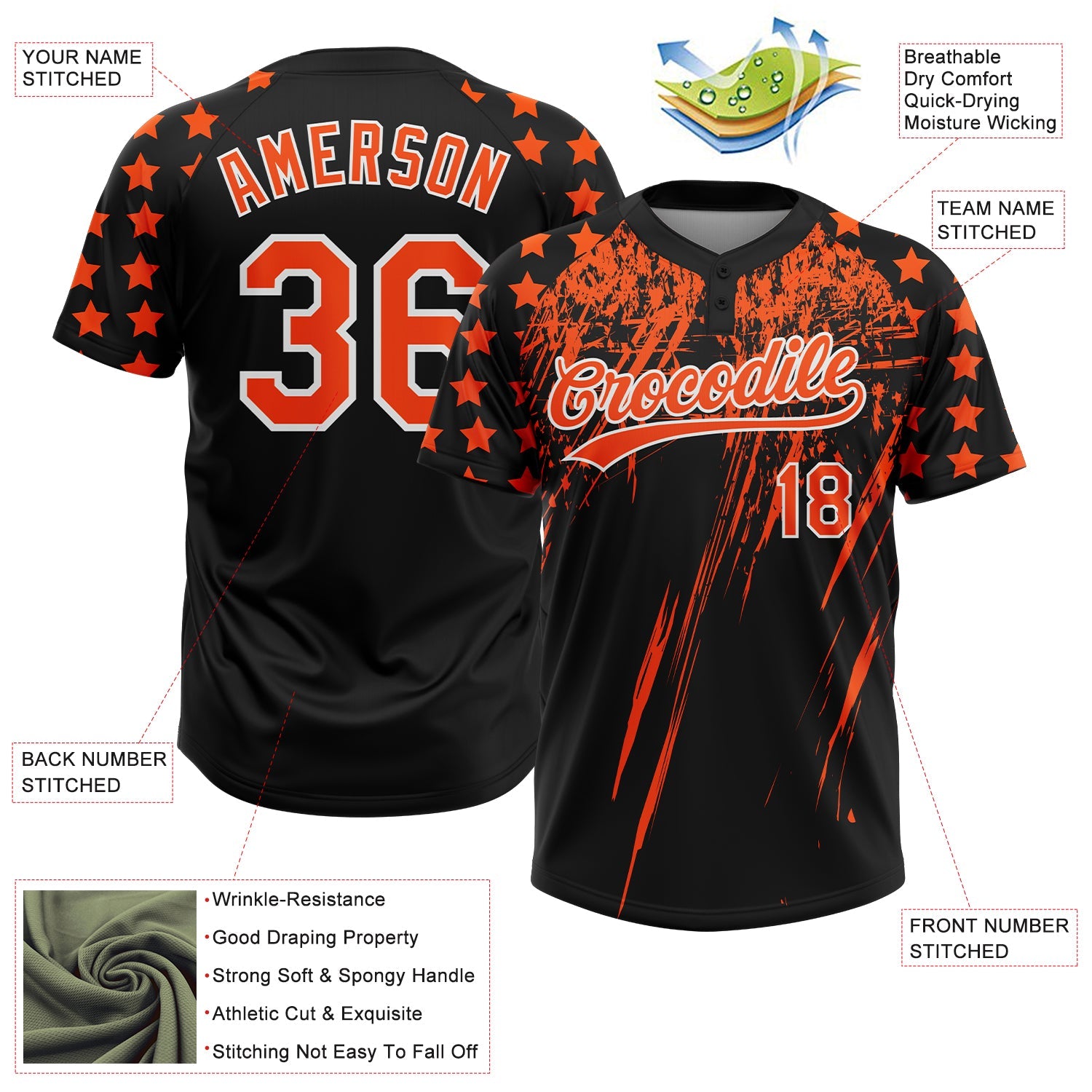 Custom Black Orange-White Distressed Scratch Brush Stroke Star Raglan Sleeves Two-Button Unisex Softball Jersey view 3