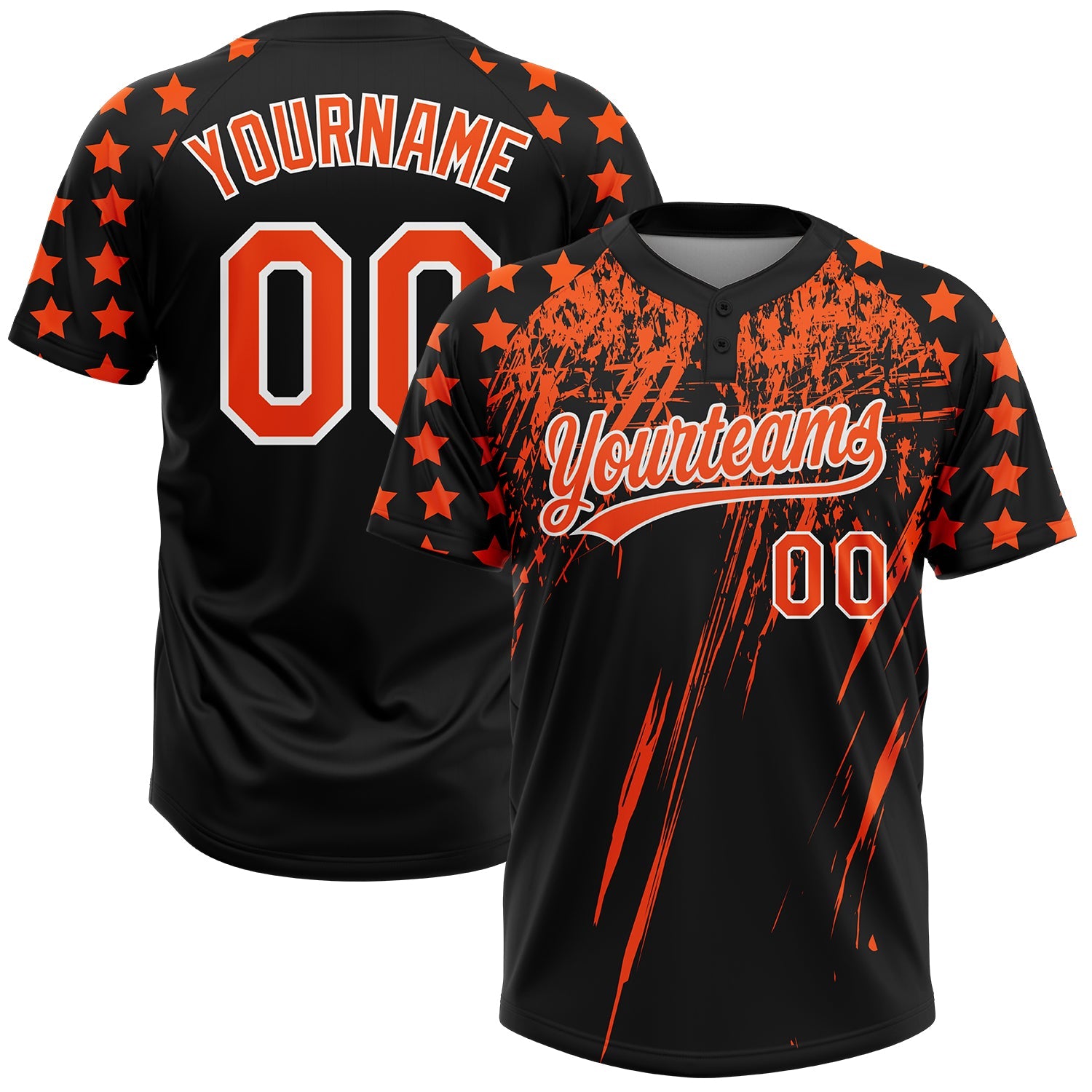 Custom Black Orange-White Distressed Scratch Brush Stroke Star Raglan Sleeves Two-Button Unisex Softball Jersey - Main View