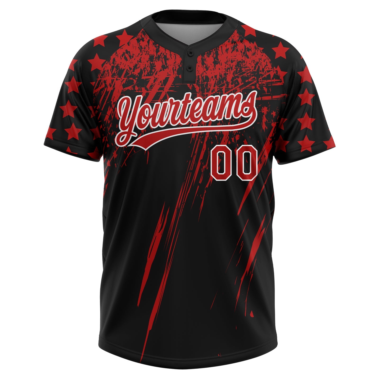 Custom Black Red-White Distressed Scratch Brush Stroke Star Raglan Sleeves Two-Button Unisex Softball Jersey view 2