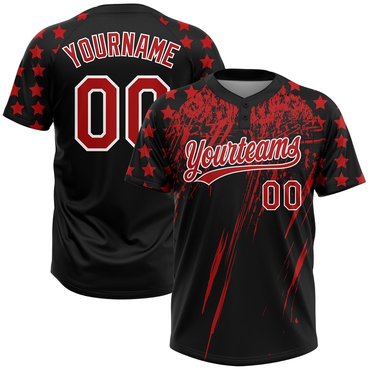 Custom Black Red-White Distressed Scratch Brush Stroke Star Raglan Sleeves Two-Button Unisex Softball Jersey - Main View