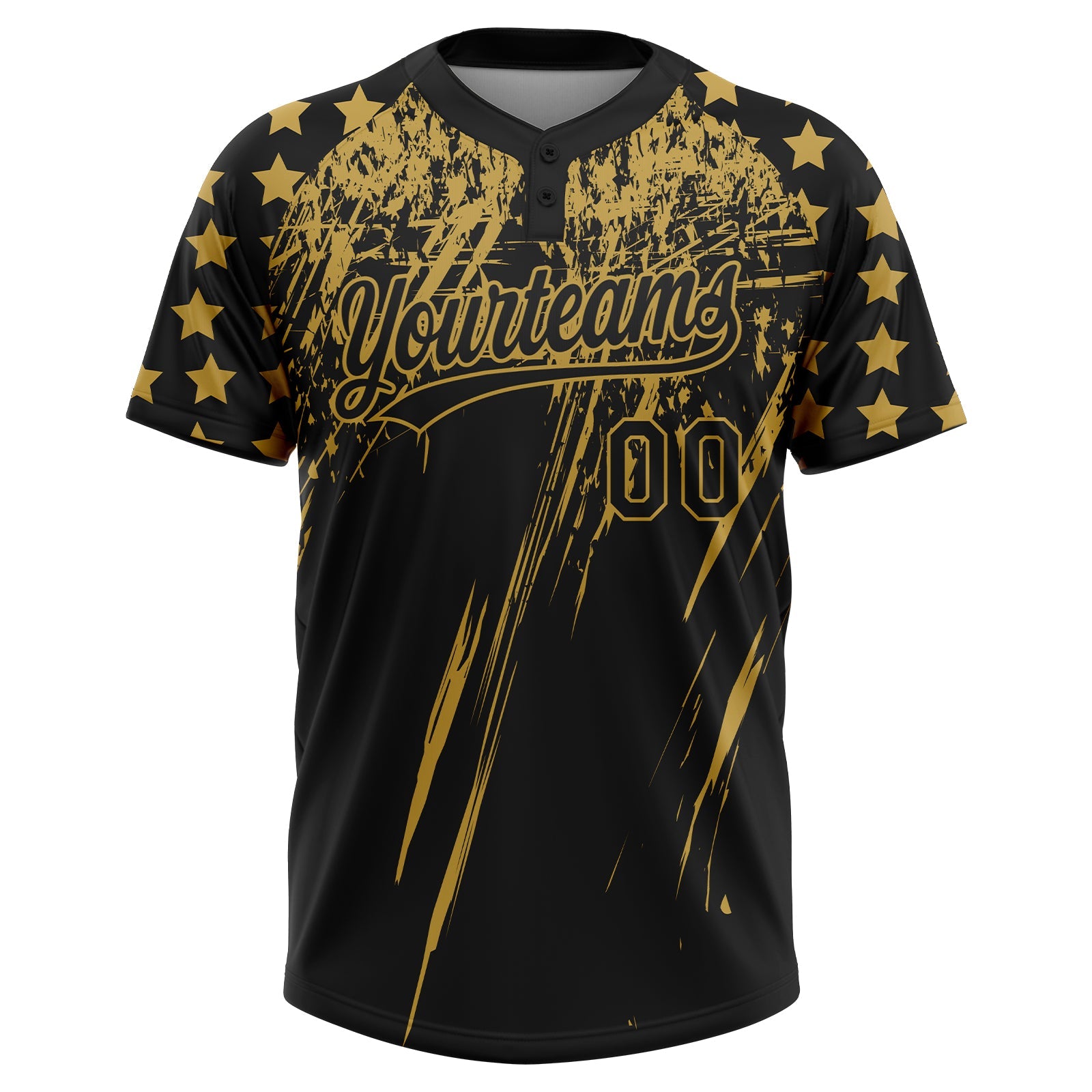 Custom Black Old Gold Distressed Scratch Brush Stroke Star Raglan Sleeves Two-Button Unisex Softball Jersey view 2