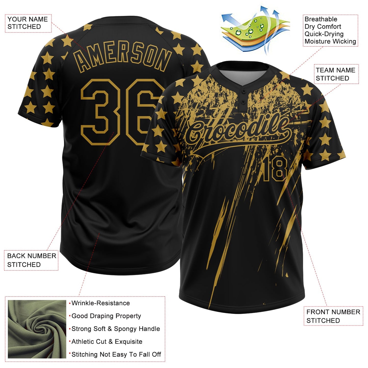 Custom Black Old Gold Distressed Scratch Brush Stroke Star Raglan Sleeves Two-Button Unisex Softball Jersey view 3