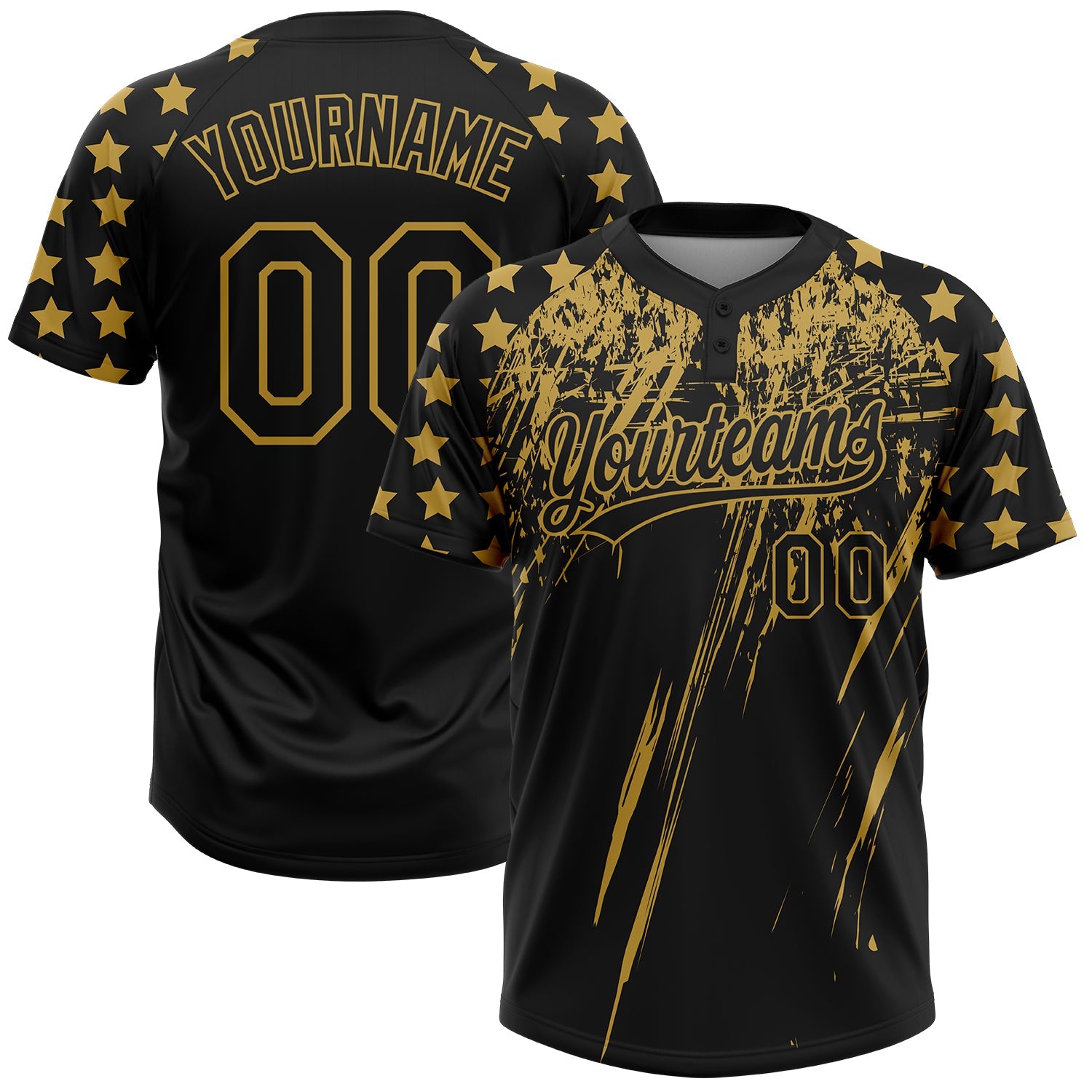 Custom Black Old Gold Distressed Scratch Brush Stroke Star Raglan Sleeves Two-Button Unisex Softball Jersey - Main View