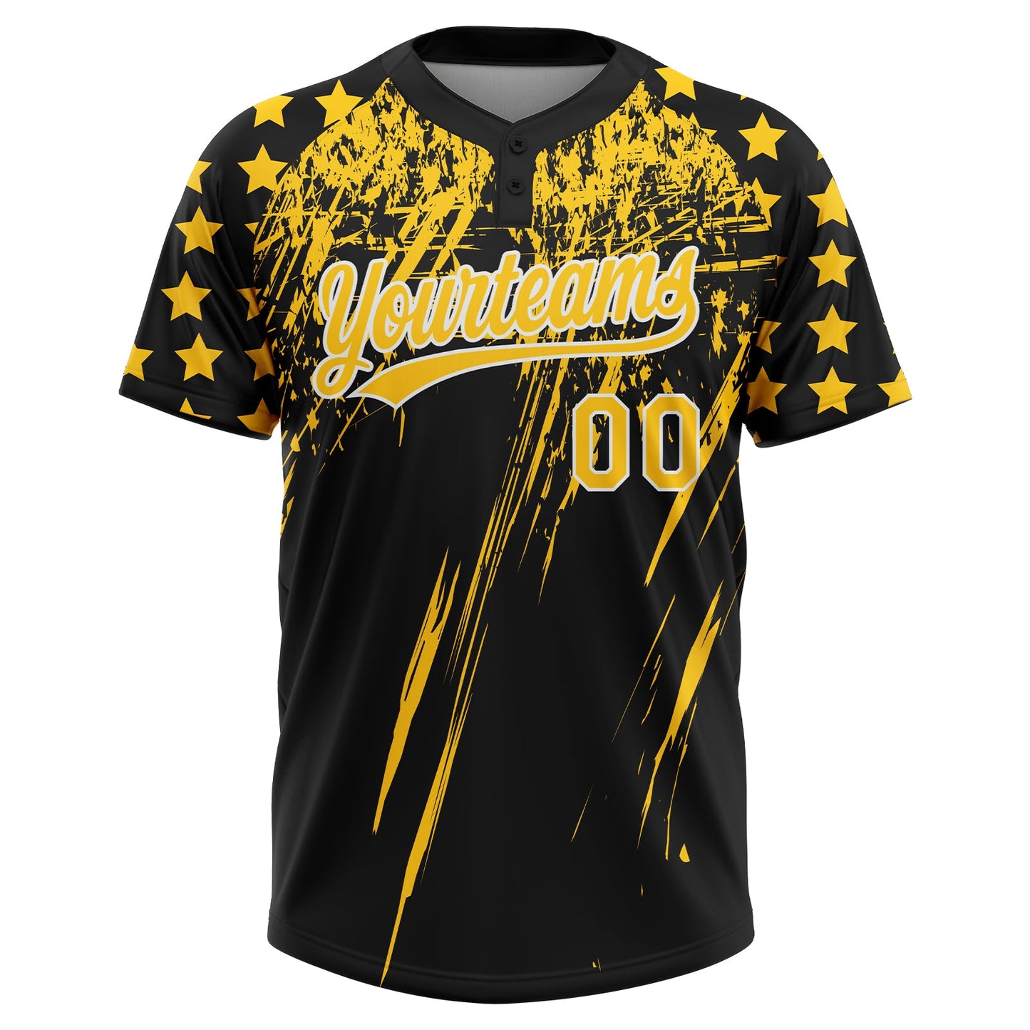 Custom Black Yellow-White Distressed Scratch Brush Stroke Star Raglan Sleeves Two-Button Unisex Softball Jersey view 2