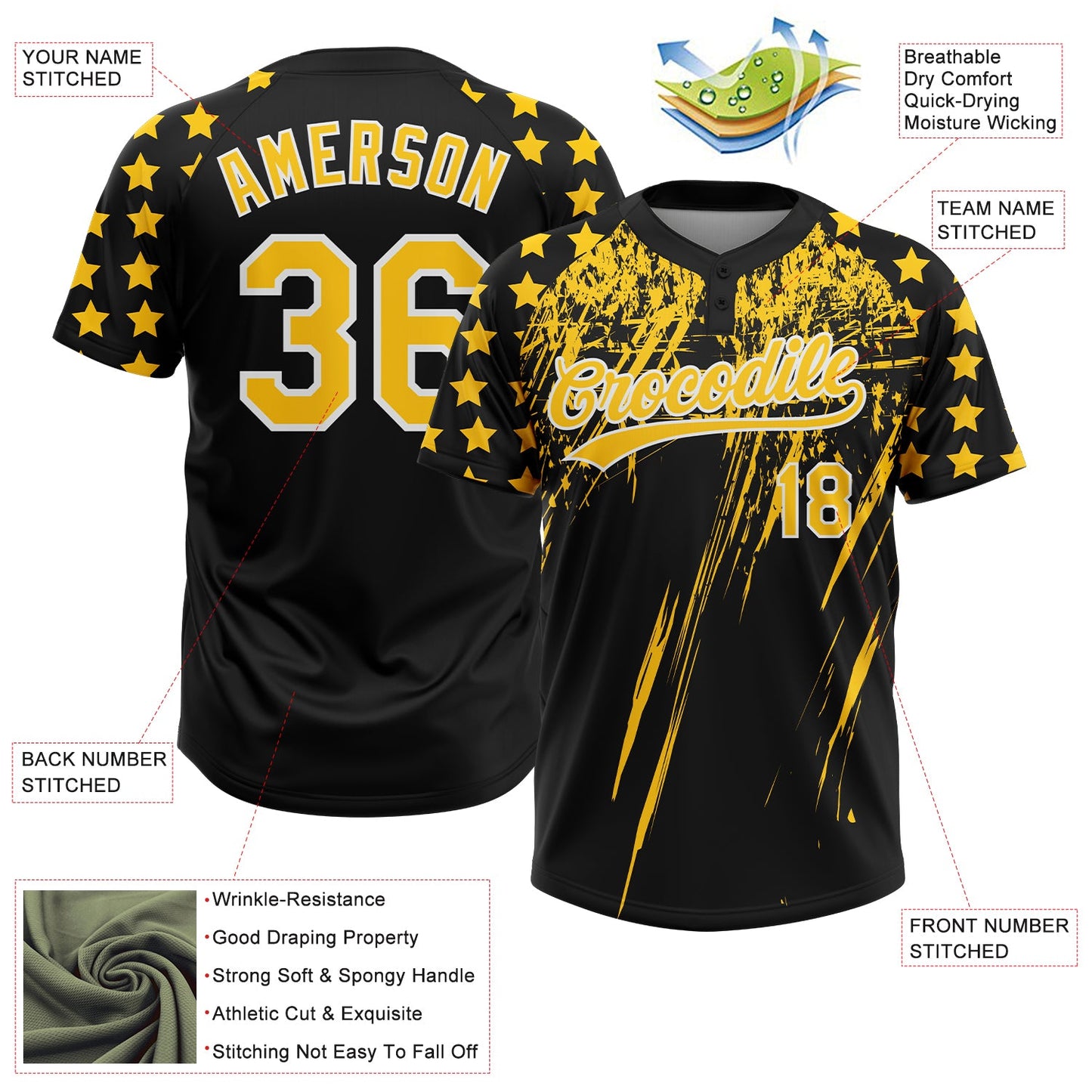 Custom Black Yellow-White Distressed Scratch Brush Stroke Star Raglan Sleeves Two-Button Unisex Softball Jersey view 3