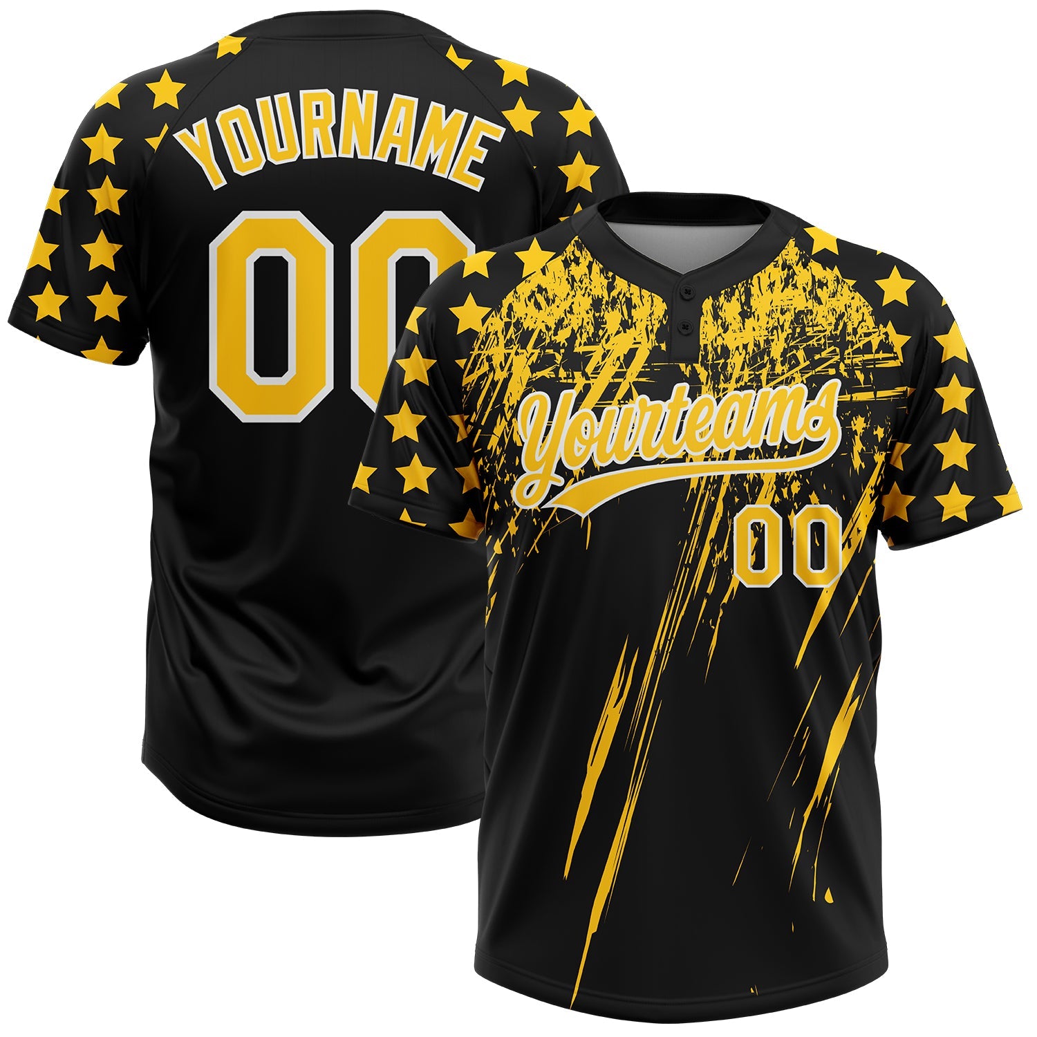 Custom Black Yellow-White Distressed Scratch Brush Stroke Star Raglan Sleeves Two-Button Unisex Softball Jersey - Main View