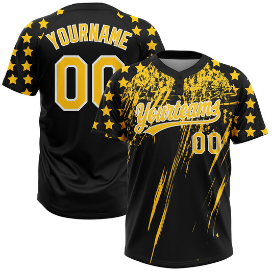 Custom Black Yellow-White Distressed Scratch Brush Stroke Star Raglan Sleeves Two-Button Unisex Softball Jersey - Main View