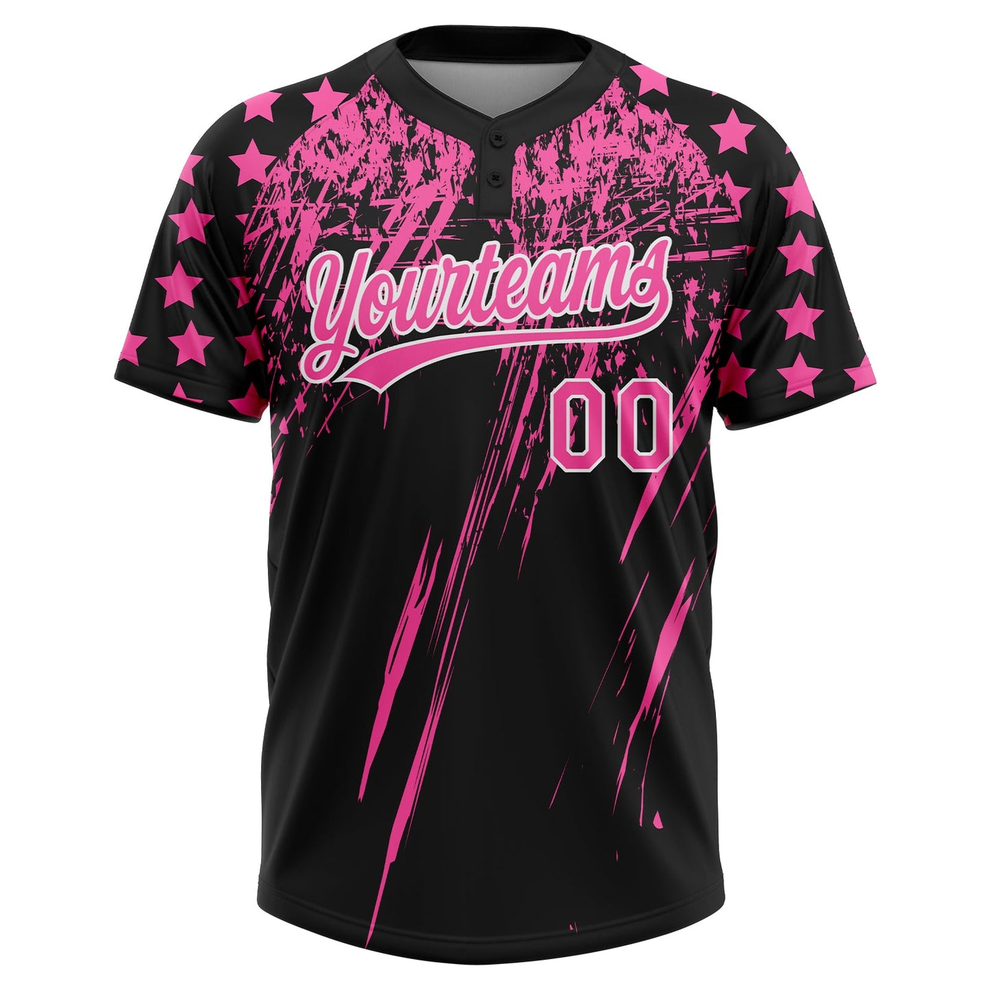 Custom Black Pink-White Distressed Scratch Brush Stroke Star Raglan Sleeves Two-Button Unisex Softball Jersey view 2
