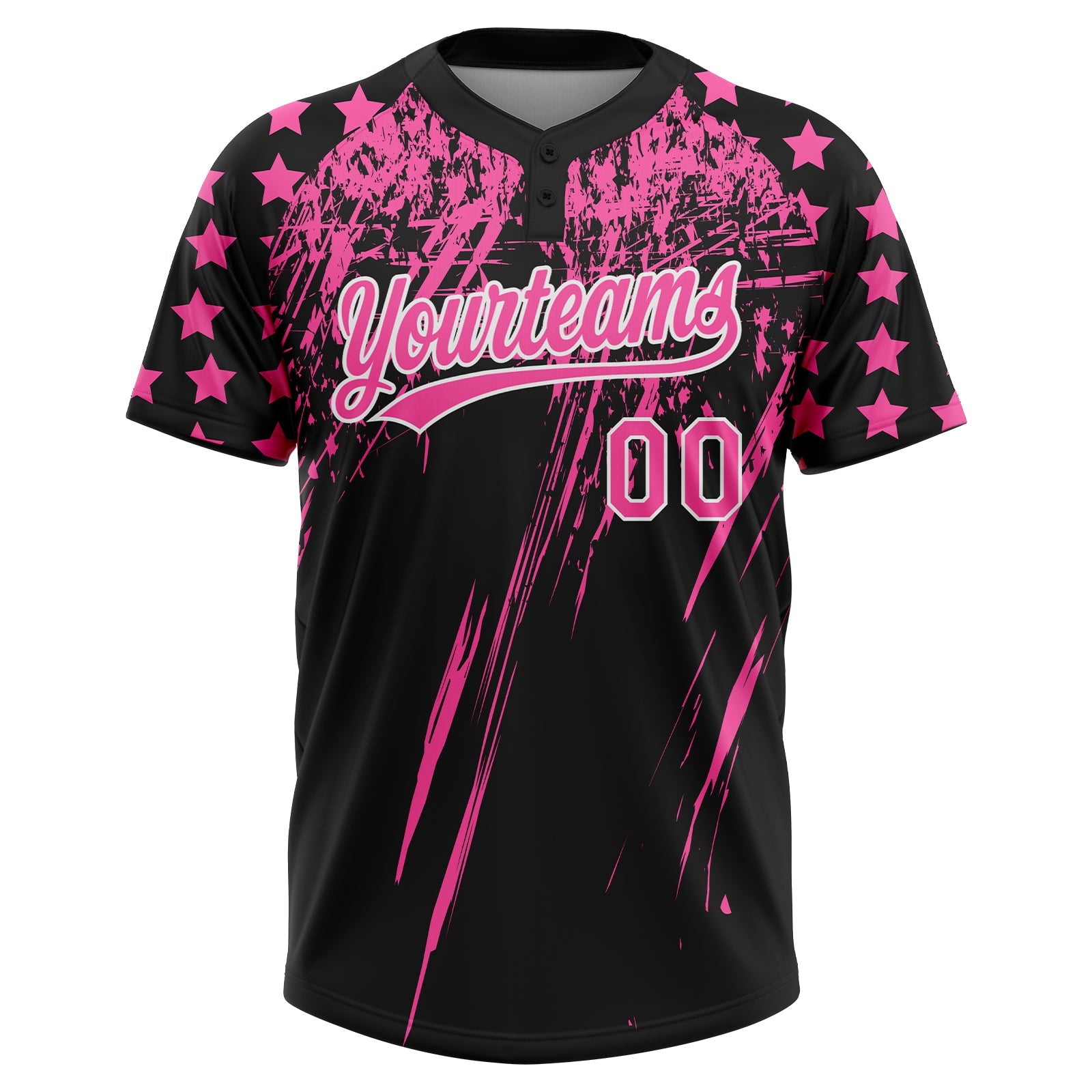 Custom Black Pink-White Distressed Scratch Brush Stroke Star Raglan Sleeves Two-Button Unisex Softball Jersey view 2