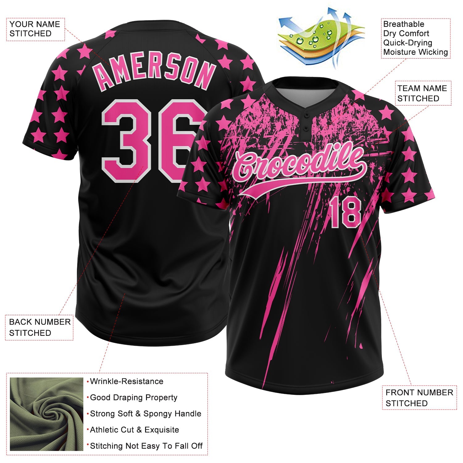 Custom Black Pink-White Distressed Scratch Brush Stroke Star Raglan Sleeves Two-Button Unisex Softball Jersey view 3