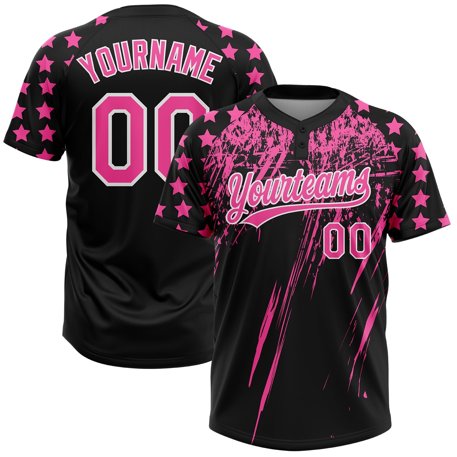Custom Black Pink-White Distressed Scratch Brush Stroke Star Raglan Sleeves Two-Button Unisex Softball Jersey - Main View