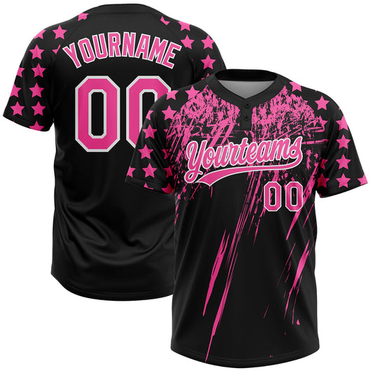 Custom Black Pink-White Distressed Scratch Brush Stroke Star Raglan Sleeves Two-Button Unisex Softball Jersey - Main View